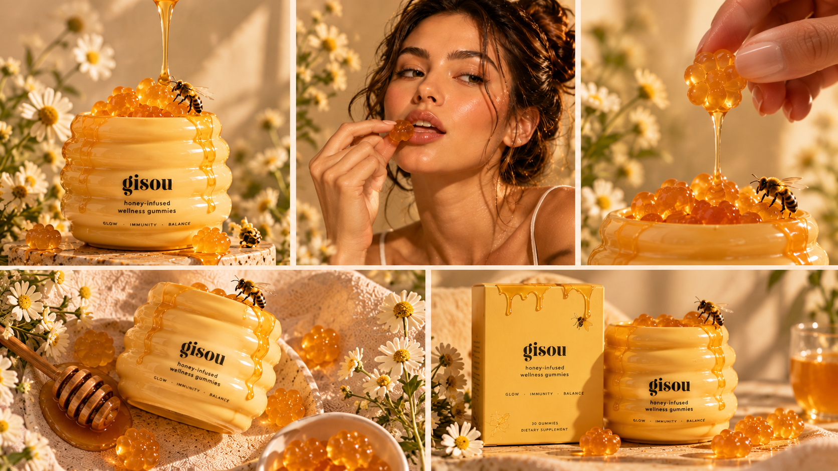 Mockup: a collage of Bee Well honeycomb jars, honey drips, daisies and a woman tasting a gummy, warm morning light.