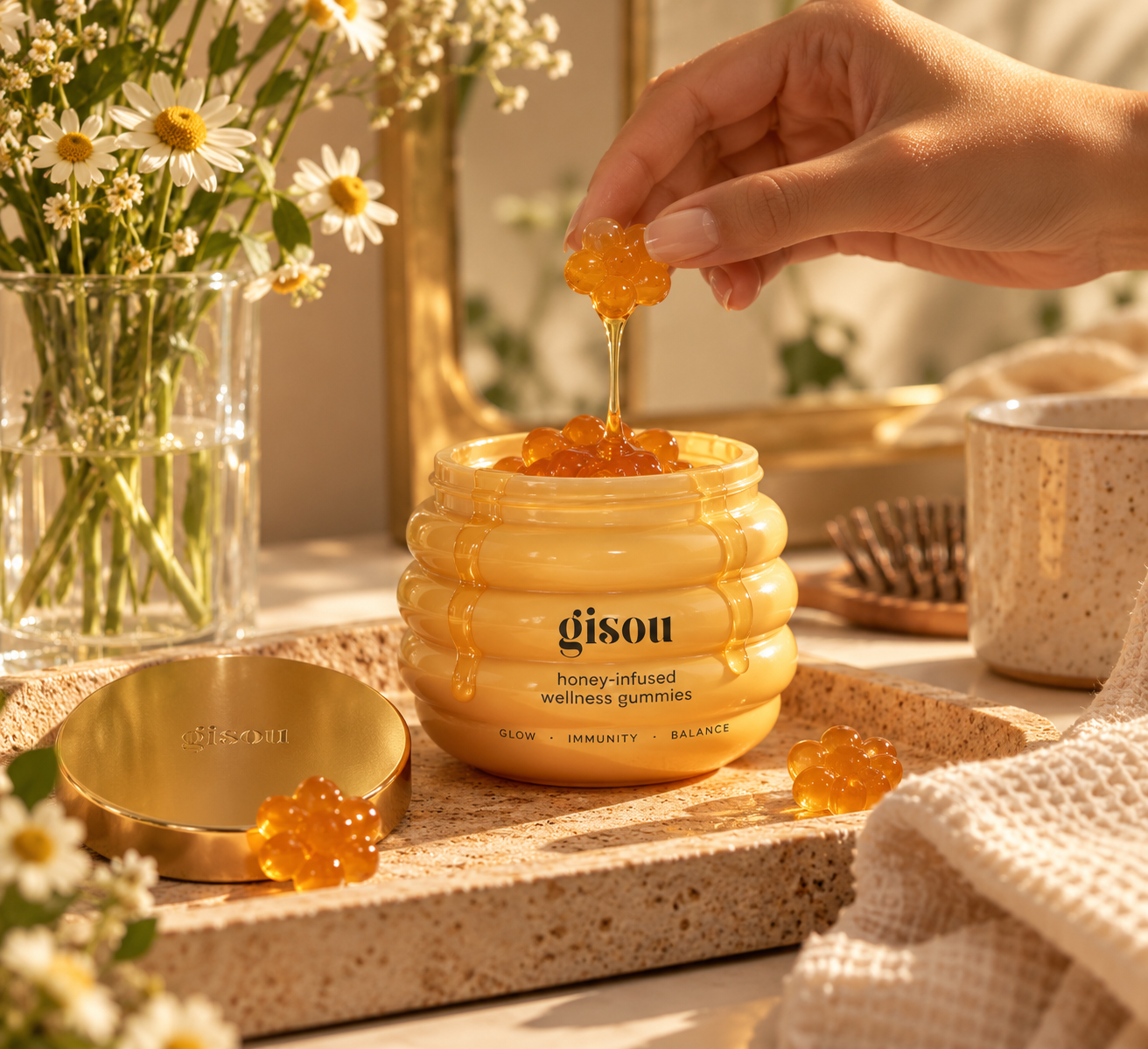 Honey dripping over a Gisou Bee Well gummy jar